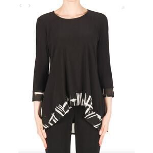 Joseph Ribkoff Macrame Black White 3/4 Sleeve High Lo Tunic Size 14